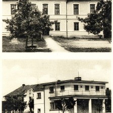 Bílsko - škola na montážní pohlednici - 1930 (sbírka V. Kollmanna, Litovel)